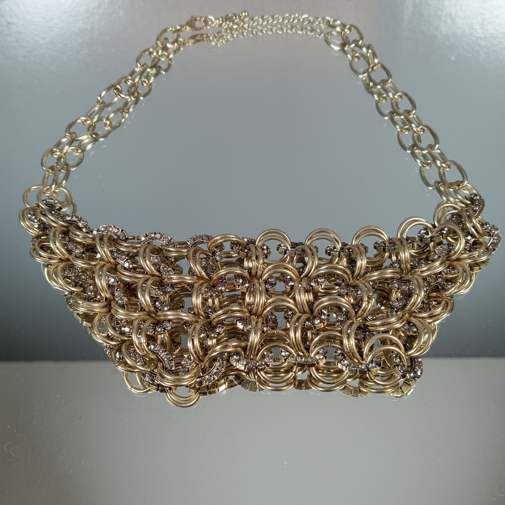 Gold Tone Chainmail Necklace Rhinestone Statement Collar Choker Bib